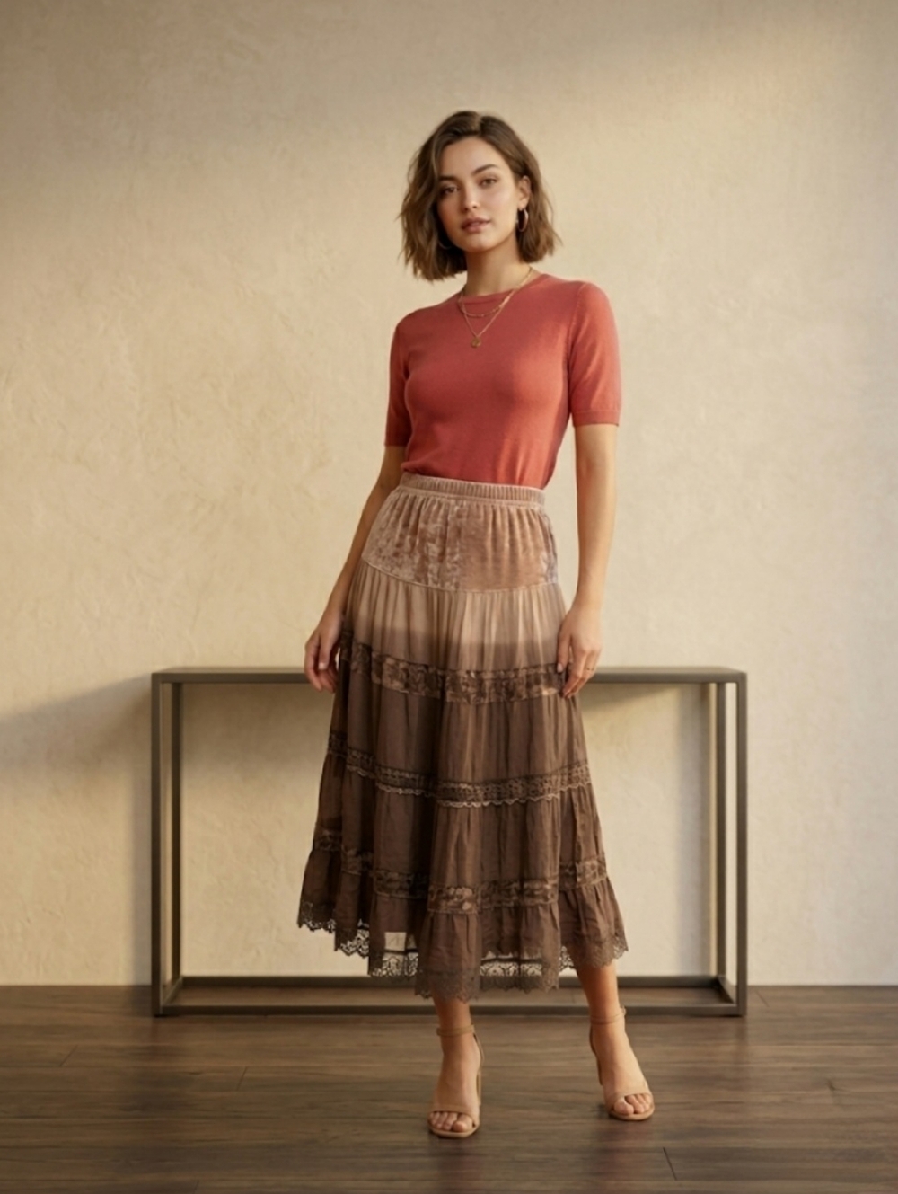 Le Chateau Vintage Bohemian Brown Earth Tone Ombre Crushed Velvet Lace Trim Sz L